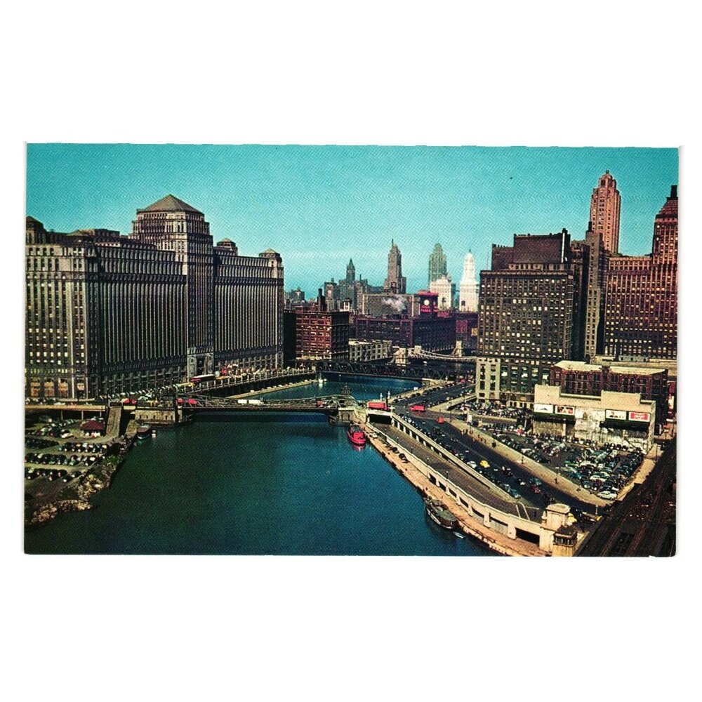 Chicago River Merchandise Mart Skyscrapers Vintage Postcard Union Pacific Aerial